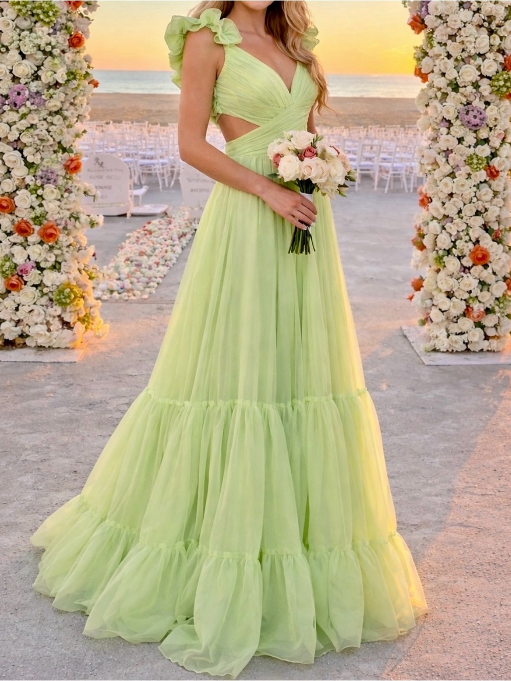 Mac Duggal Lime Green Ruffle Strap Maxi Gown